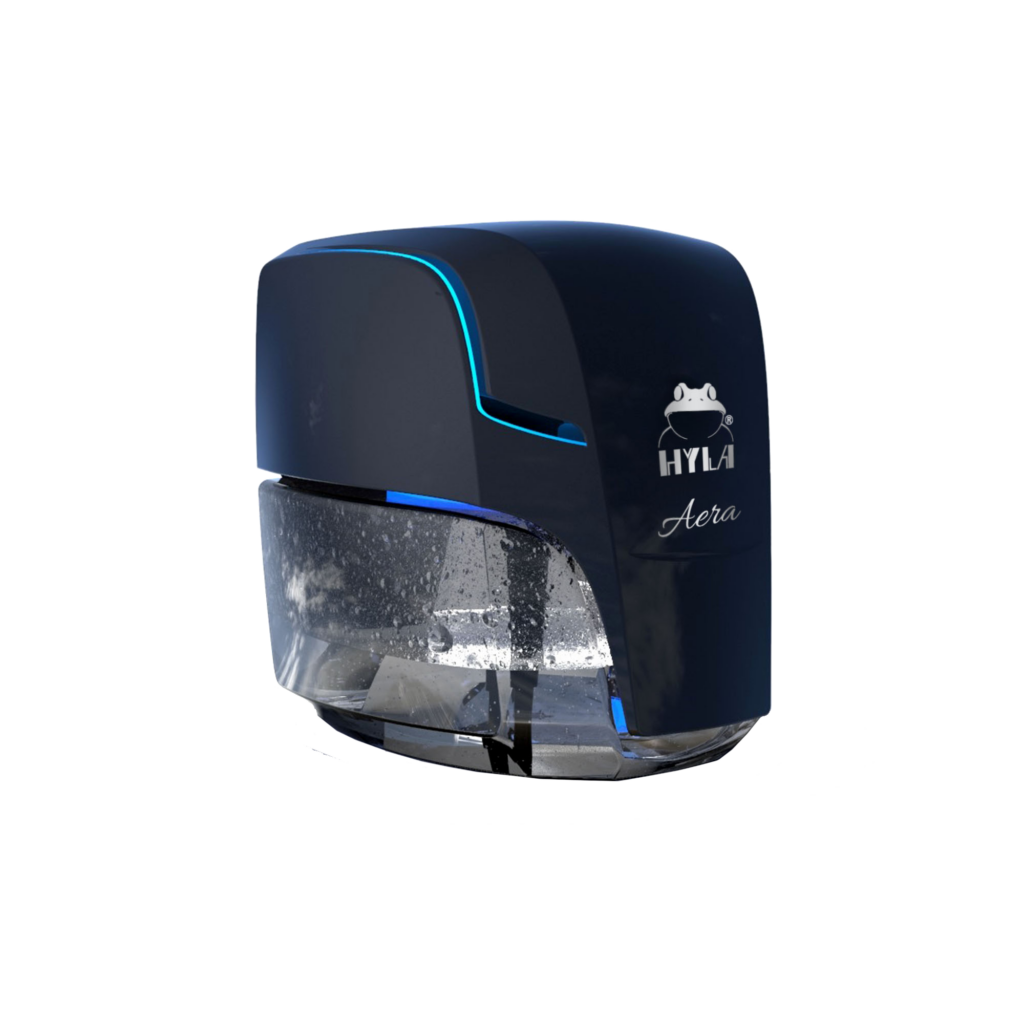 HYLA Aera II compact water-based air purifier in black with blue accent light