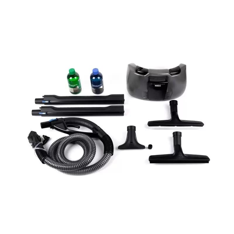 HYLA Nimbus wet cleaning attachment kit laid out — hose, wands, floor tools, Nimbus unit and cleaning solutions